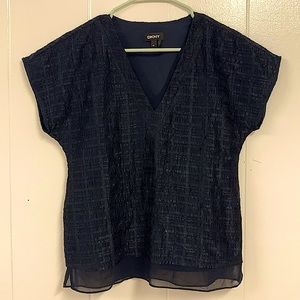 DKNY Blue Navy Short Sleeved Shirt Textured v neck Blouse XXS